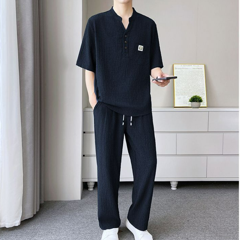 @【整套】新中式V領皺感寬松茶服短袖+薄款休閑長褲兩件套