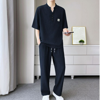 @【整套】新中式V領皺感寬松茶服短袖+薄款休閑長褲兩件套