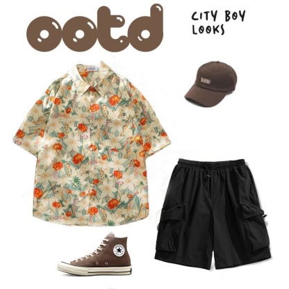 【單件/整套】冰絲花襯衫高級感痞帥沙灘短褲套裝