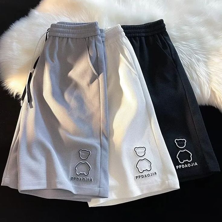 港風寬鬆大碼小熊鋼印時尚潮流直筒五分褲