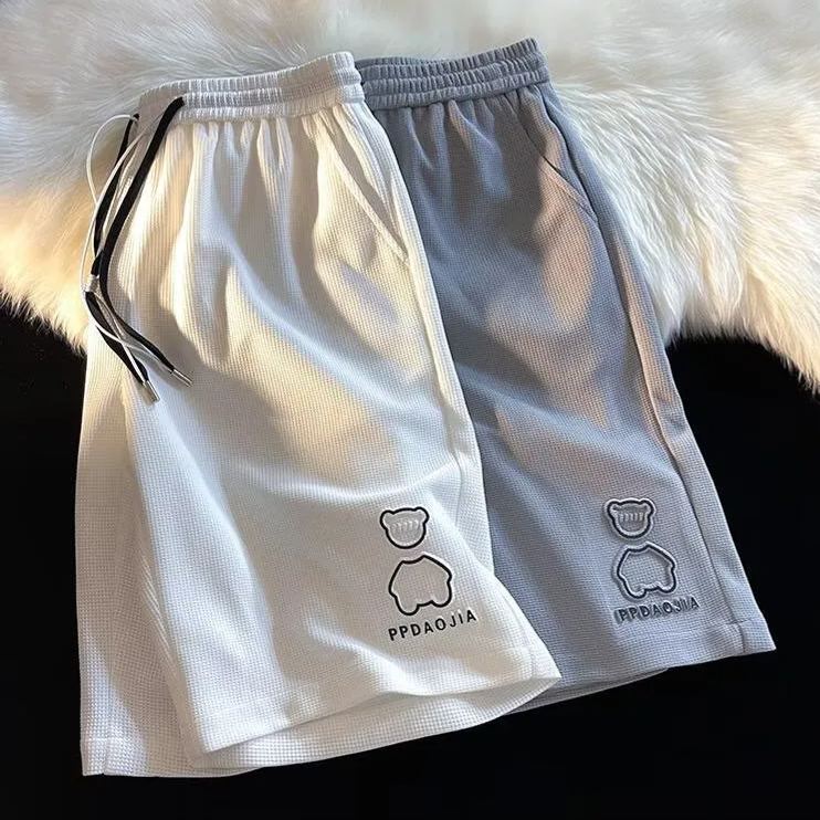 港風寬鬆大碼小熊鋼印時尚潮流直筒五分褲