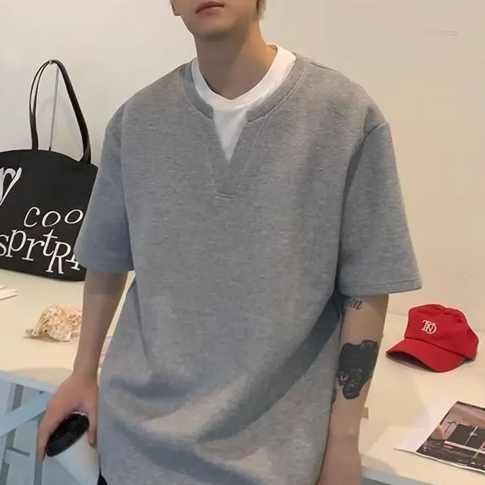 港風設計感假兩件V領寬鬆韓風簡約百搭短袖T恤-Nuostyle