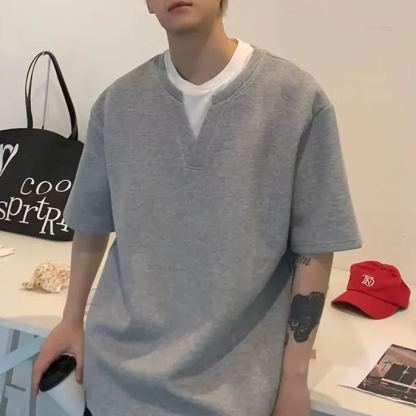 港風設計感假兩件V領寬鬆韓風簡約百搭短袖T恤