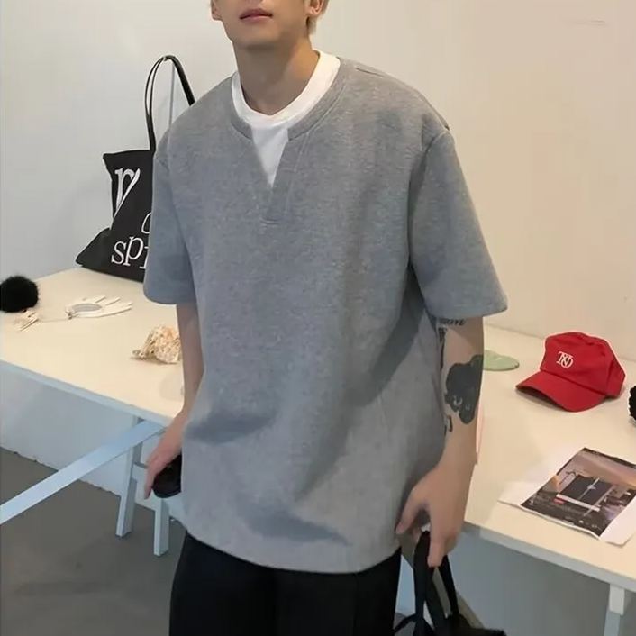 港風設計感假兩件V領寬鬆韓風簡約百搭短袖T恤