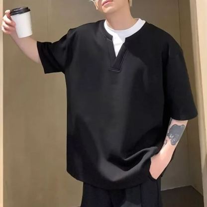 港風設計感假兩件V領寬鬆韓風簡約百搭短袖T恤