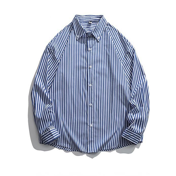 復古豎條紋潮牌翻領長袖襯衫