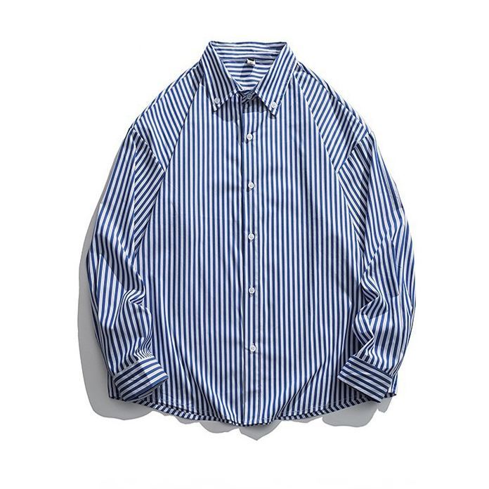 復古豎條紋潮牌翻領長袖襯衫