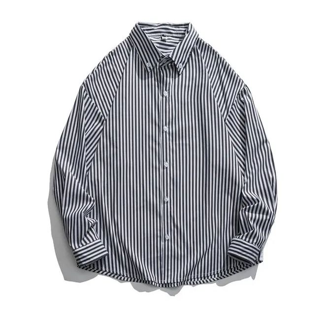 復古豎條紋潮牌翻領長袖襯衫