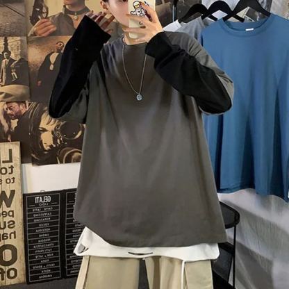 假兩件ins潮流圓領衛衣寬鬆高街長袖t恤