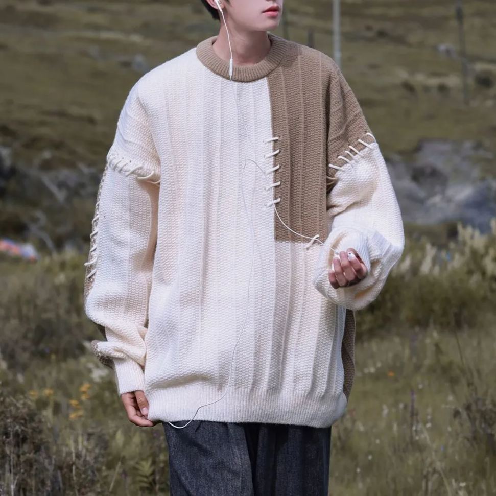 拼接撞色毛衣潮牌慵懶風針織衫