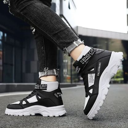 潮流百搭圓頭高幫馬丁靴印花拼接鞋靴