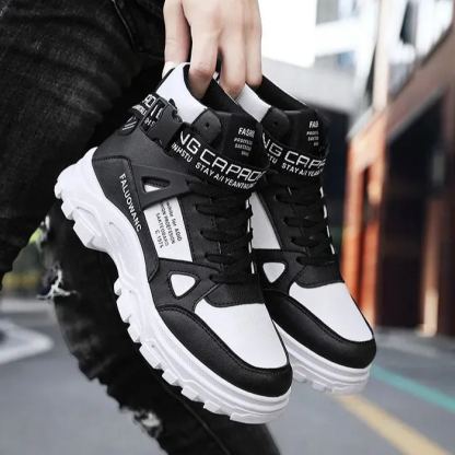 潮流百搭圓頭高幫馬丁靴印花拼接鞋靴