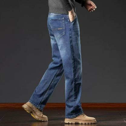 商務寬鬆直筒高彈休閒大碼長款水洗牛仔褲