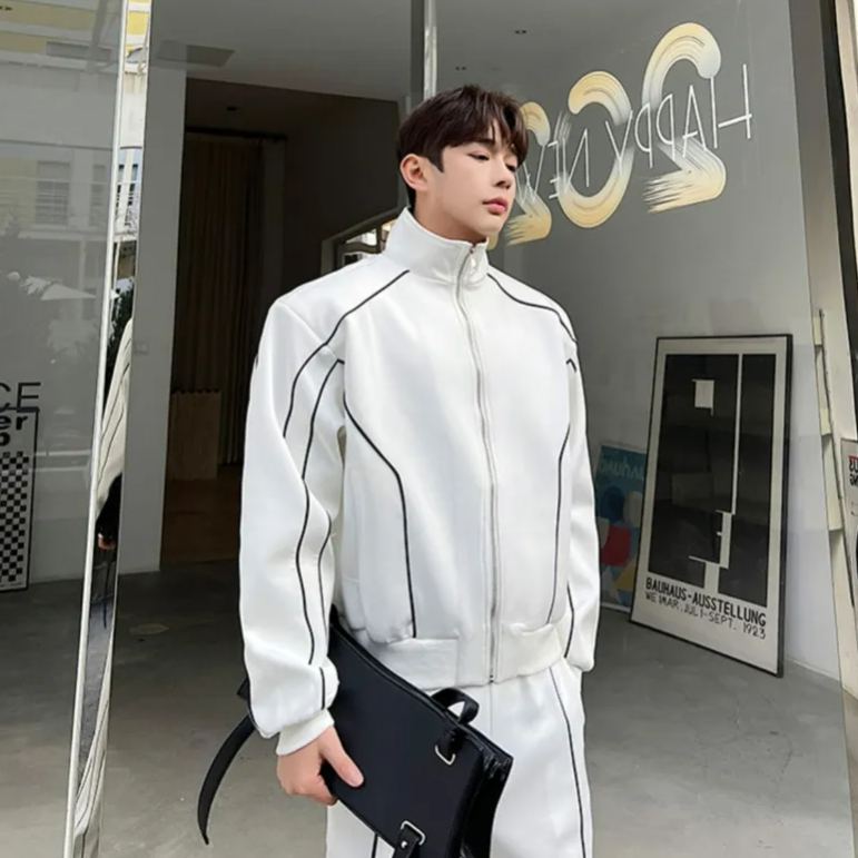 【整套】高級感痞帥寬鬆設計感開衫夾克+休閒運動闊腿褲兩件套