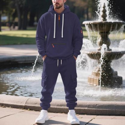 【整套】美式重磅刷毛寬鬆休閒連帽T+潮流工裝運動褲兩件套裝