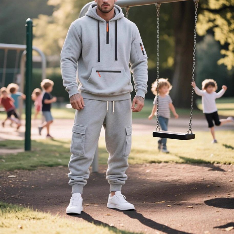 【整套】美式重磅刷毛寬鬆休閒連帽T+潮流工裝運動褲兩件套裝