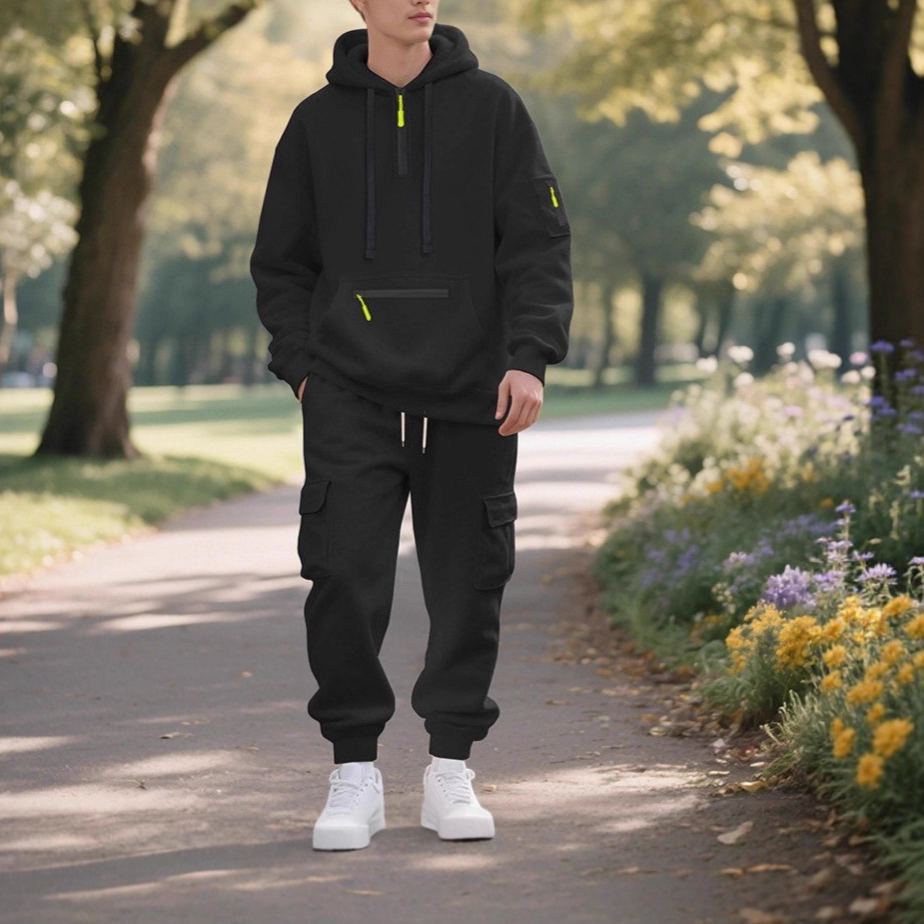 【整套】美式重磅刷毛寬鬆休閒連帽T+潮流工裝運動褲兩件套裝