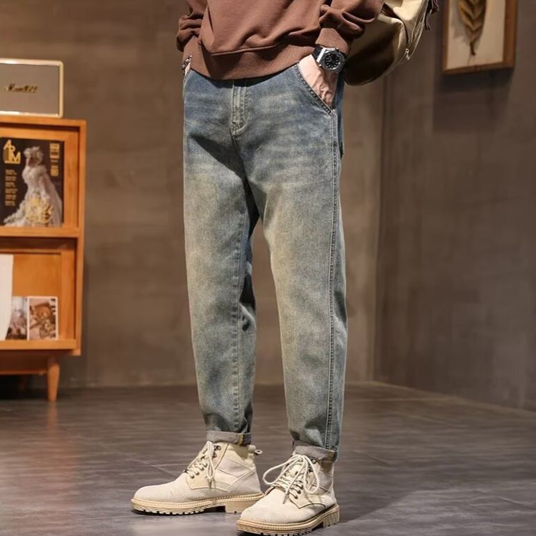 復古潮牌寬鬆直筒工裝休閒九分牛仔褲