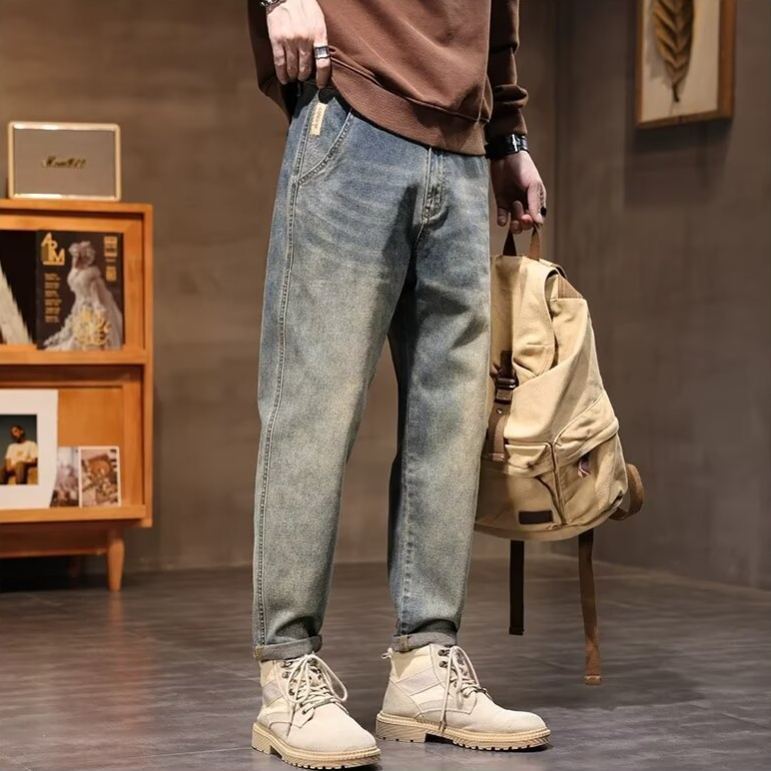 復古潮牌寬鬆直筒工裝休閒九分牛仔褲