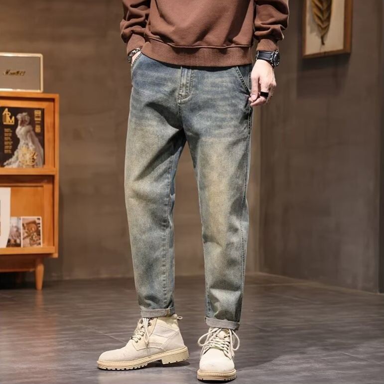 復古潮牌寬鬆直筒工裝休閒九分牛仔褲