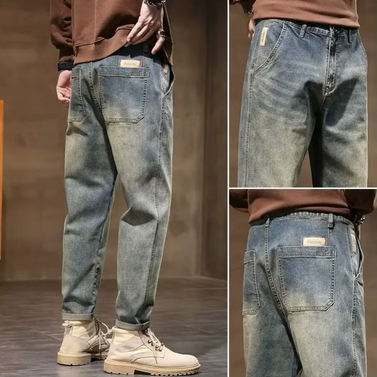 復古潮牌寬鬆直筒工裝休閒九分牛仔褲