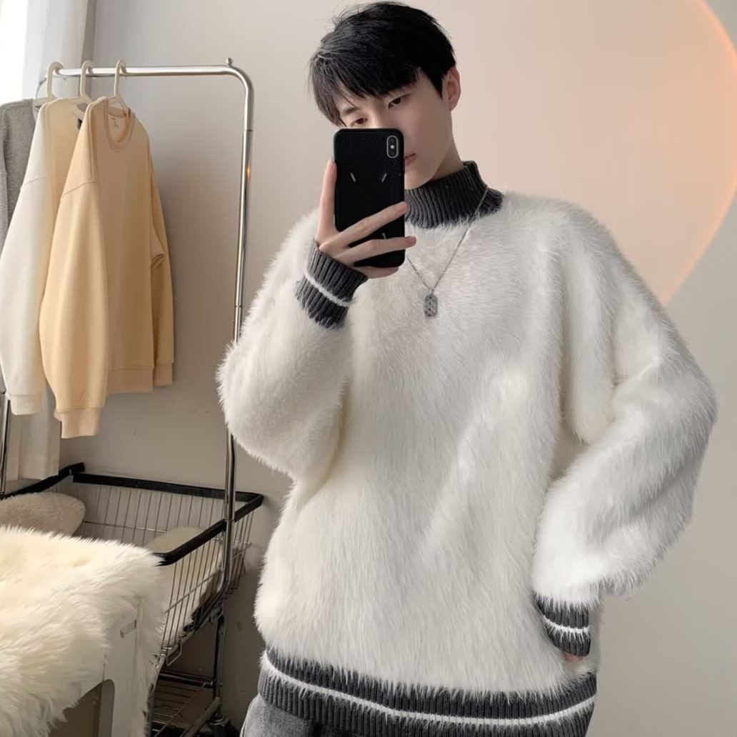 半高領加厚仿馬海毛慵懶風條紋針織毛衣