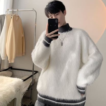 半高領加厚仿馬海毛慵懶風條紋針織毛衣