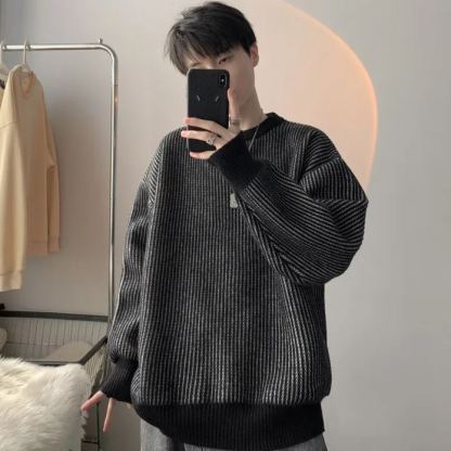 慵懶風圓領毛衣港風百搭寬鬆條紋針織衫