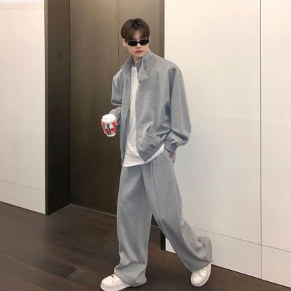 【整套】慵懶風寬鬆立領開衫外套+運動休閒褲兩件套裝