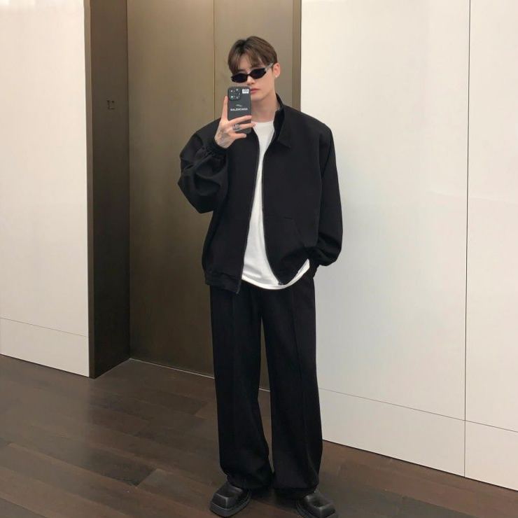 【整套】慵懶風寬鬆立領開衫外套+運動休閒褲兩件套裝