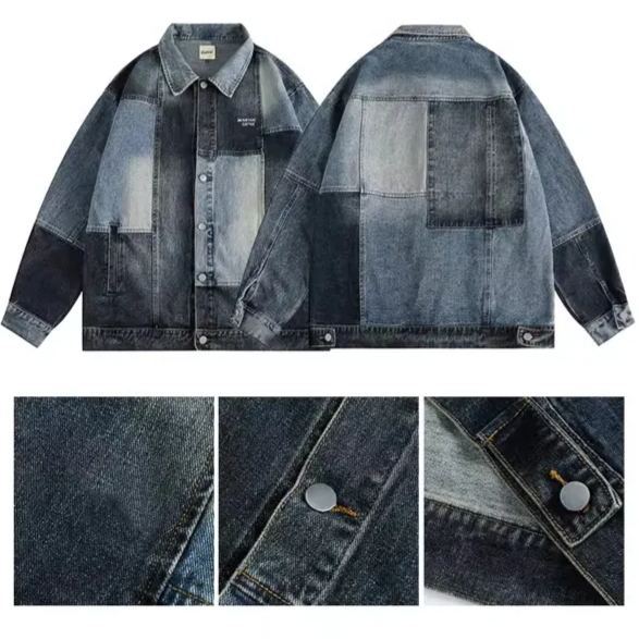 【單件/套裝】高級感潮流痞帥撞色牛仔夾克+長袖T恤+束腳休閒褲三件裝