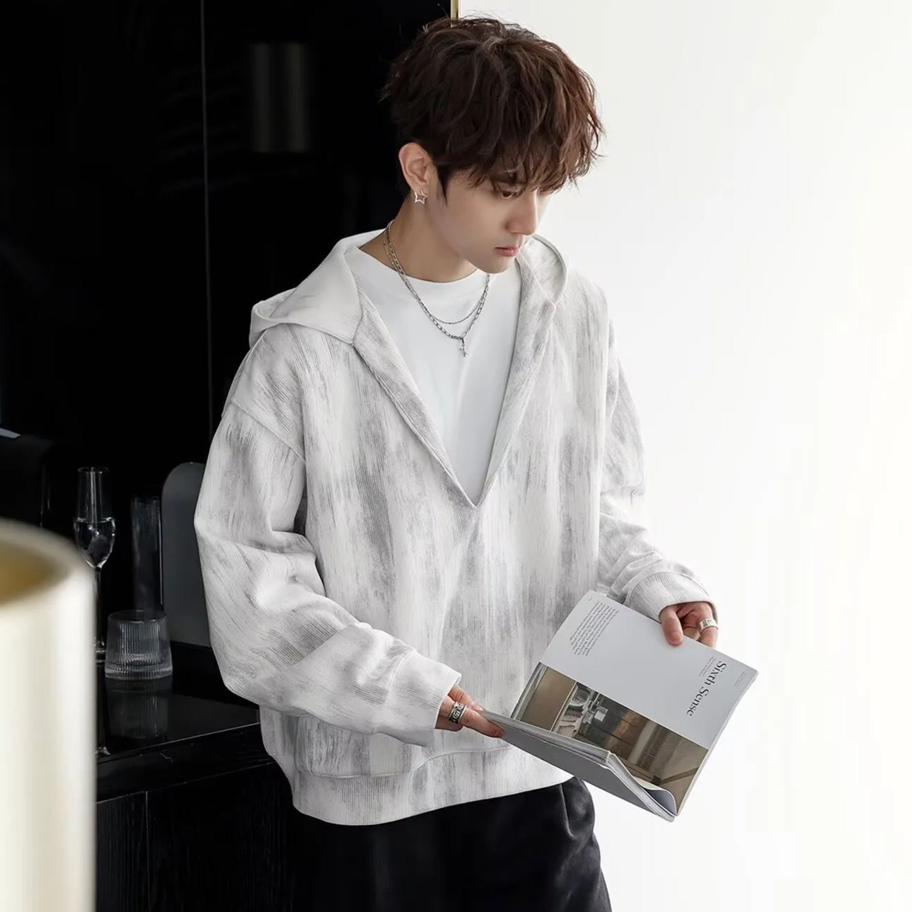 深V領港風潮牌滿印寬鬆百搭套頭連帽T