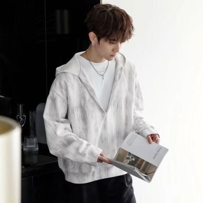 深V領港風潮牌滿印寬鬆百搭套頭連帽T