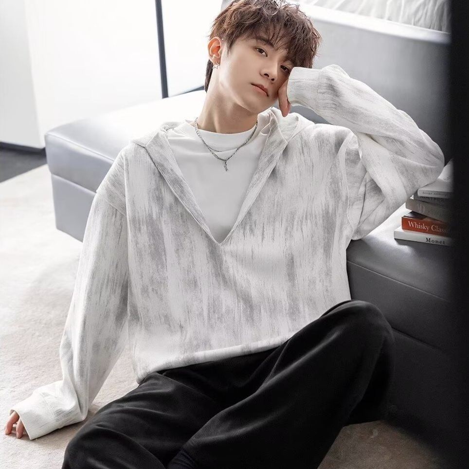 深V領港風潮牌滿印寬鬆百搭套頭連帽T