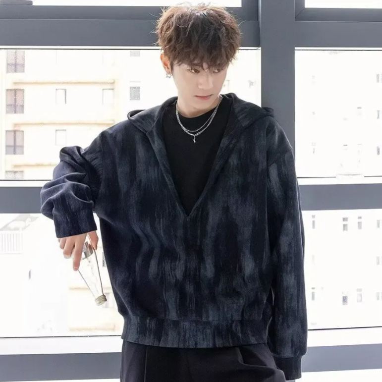 深V領港風潮牌滿印寬鬆百搭套頭連帽T