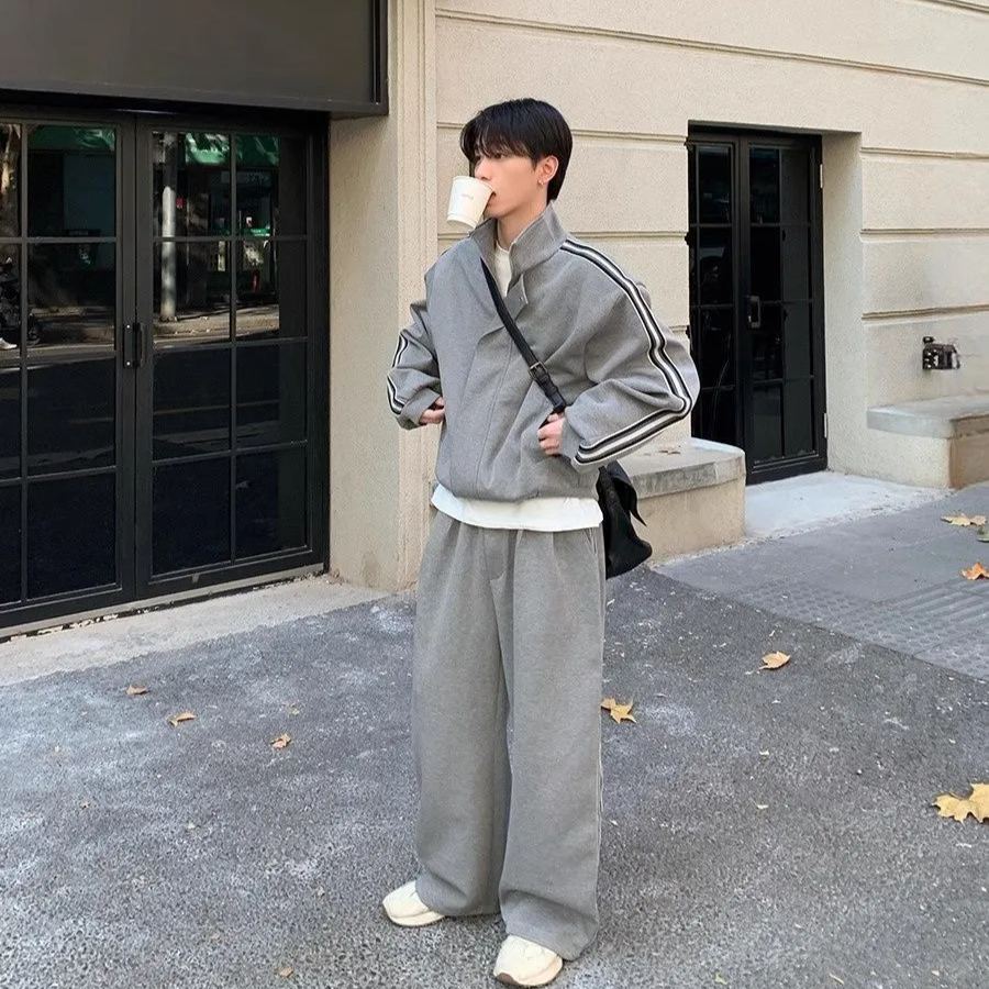 【單件】韓系立領撞色杠條休閒運動兩件套裝