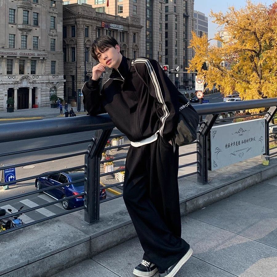 【單件】韓系立領撞色杠條休閒運動兩件套裝