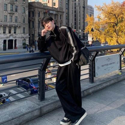 【單件】韓系立領撞色杠條休閒運動兩件套裝