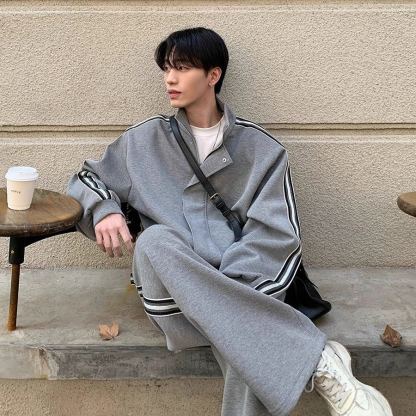 【單件】韓系立領撞色杠條休閒運動兩件套裝