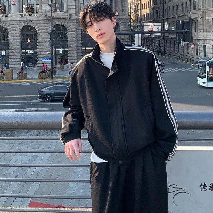 【單件】韓系立領撞色杠條休閒運動兩件套裝