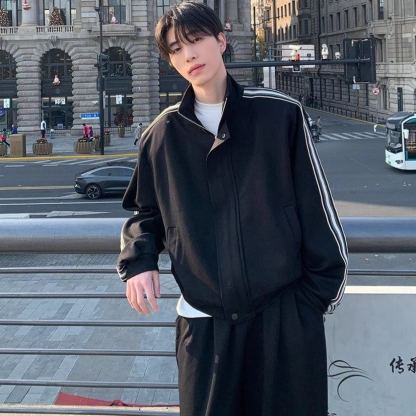 【單件】韓系立領撞色杠條休閒運動兩件套裝