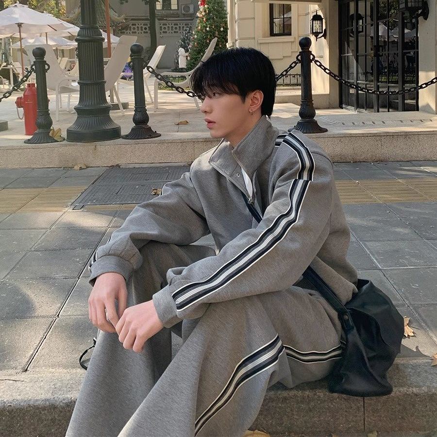 【單件】韓系立領撞色杠條休閒運動兩件套裝