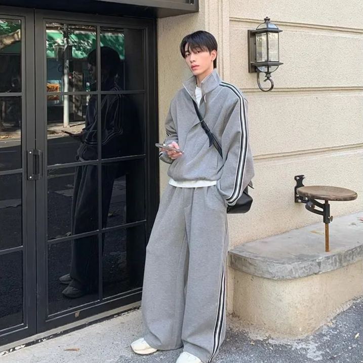 【單件】韓系立領撞色杠條休閒運動兩件套裝