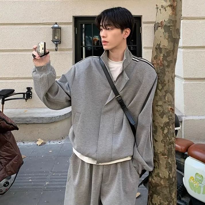 【單件】韓系立領撞色杠條休閒運動兩件套裝