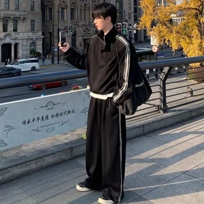 【單件】韓系立領撞色杠條休閒運動兩件套裝