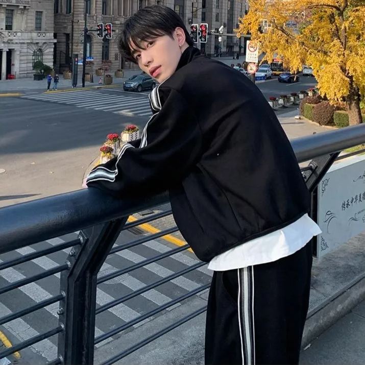 【單件】韓系立領撞色杠條休閒運動兩件套裝