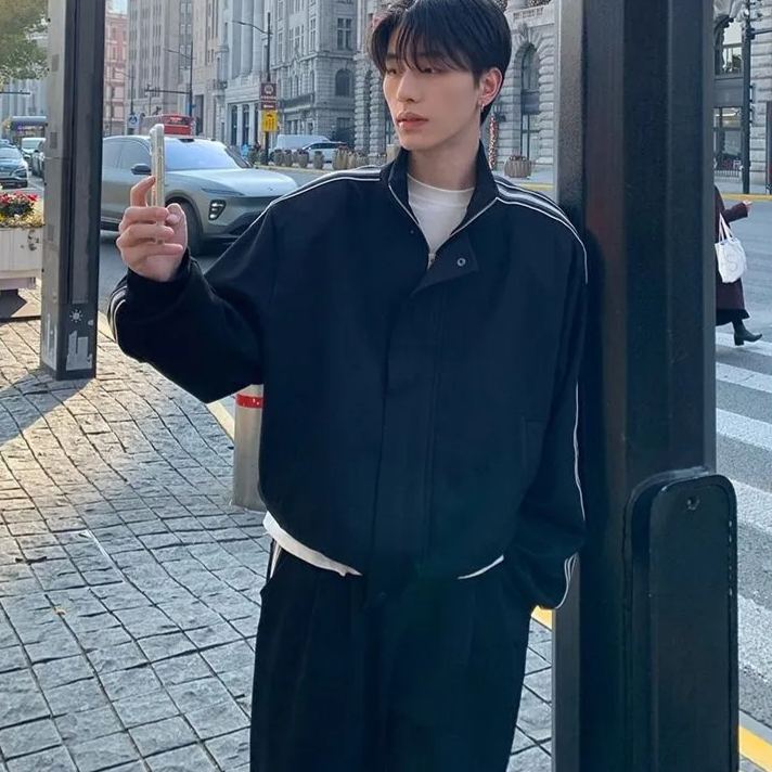 【單件】韓系立領撞色杠條休閒運動兩件套裝