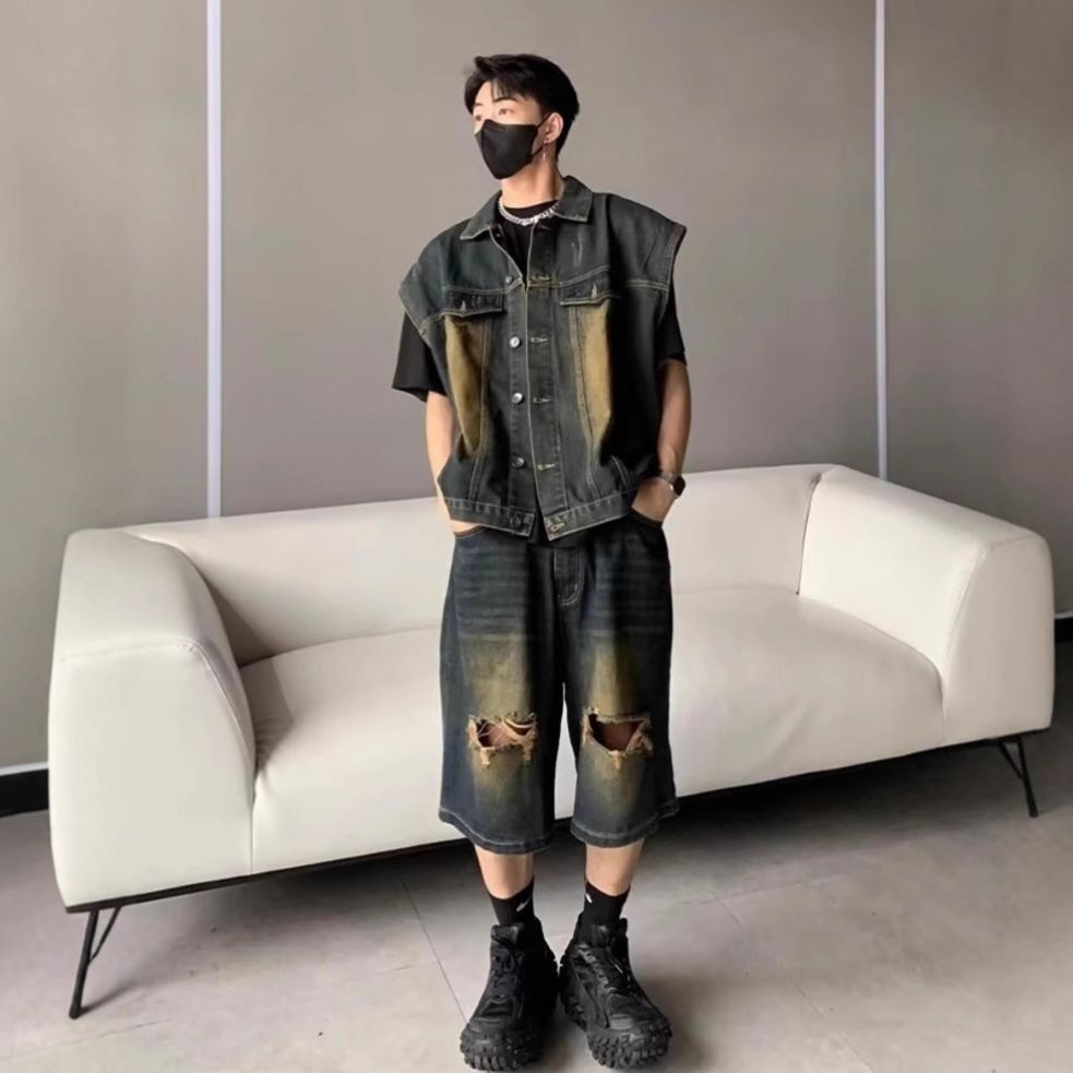 【單件】美式街頭復古水洗馬甲+破洞五分牛仔褲套裝