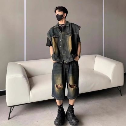 【單件】美式街頭復古水洗馬甲+破洞五分牛仔褲套裝