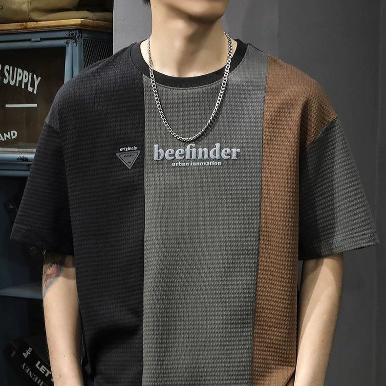 華夫格拼色寬鬆休閒圓運動透氣短袖t恤